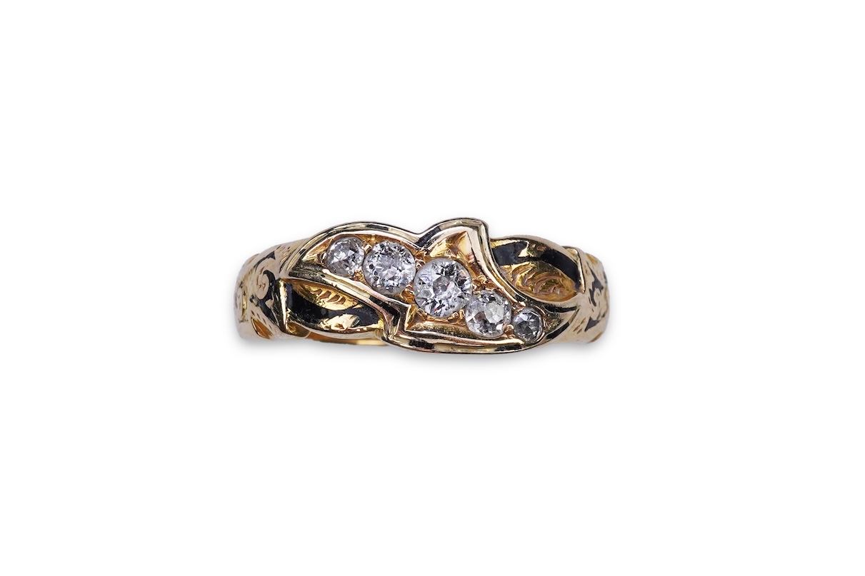 A Victorian enamel and diamond mourning ring, circa 1872